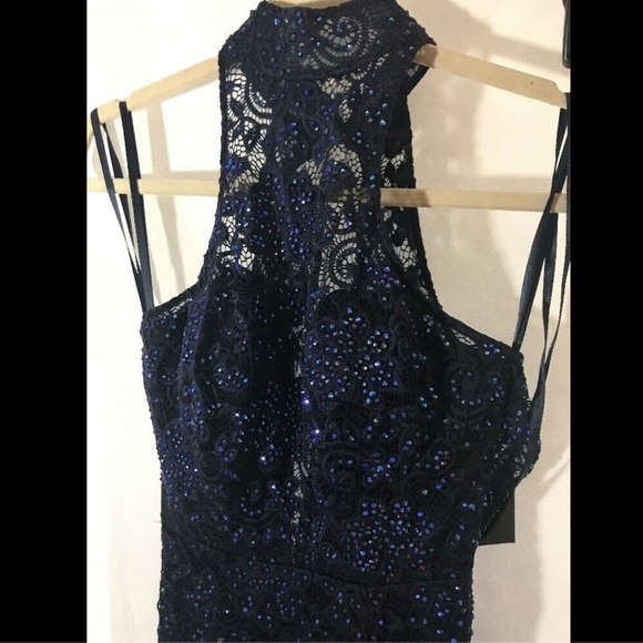 NEW! $568 La Femme Rhinestone Lace Gown‎ in Navy Blue [SZ 2 ] - Picture 4 of 10